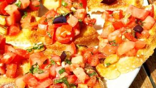 Eggplant bruschetta - Cubes of tomato and eggplant with mint on toasted French bread.