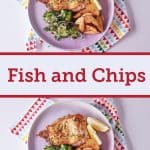 On a light pink plate atop a patterned tablecloth, you'll find golden brown fried fish lightly coated with specks of parsley, accompanied by golden roasted potato wedges and a vibrant green cucumber and red onion salad.