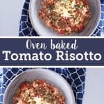 Tomato risotto with sliced sausages topped with basil and parmesan on a grey plate, placed on a blue and white tablecloth.