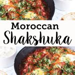 Moroccan Shakshuka in a skillet with bread on the side