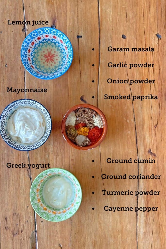 Ingredients for Tandoori Mayonnaise recipe measured and placed in four small bowls