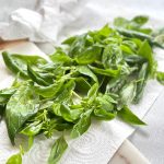 Fresh basil leaves spread on a paper towel to dry, ready to be used for pesto di basilico.