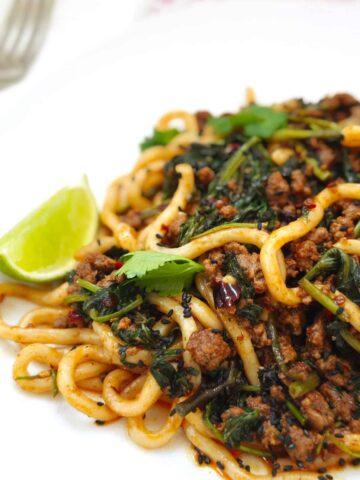 Beef udon noodles in a thick, flavourful sauce topped with fresh coriander, specks of chili, black sesame seeds, and a lime wedge on the side, on a white plate.