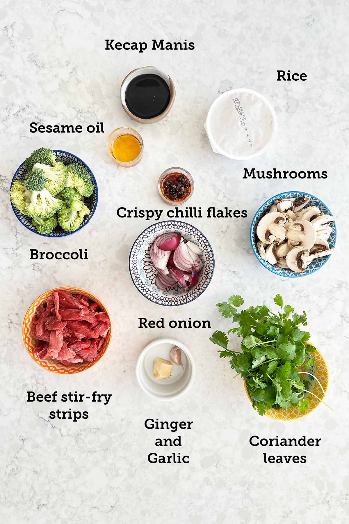 Ingredients for beef and onion stir-fry laid out: beef strips, onion, garlic, ginger, sesame oil, kecap manis, coriander, chilli oil, mushrooms, and broccoli.