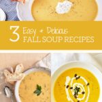 Collage of 3 different yellow soups in white bowls