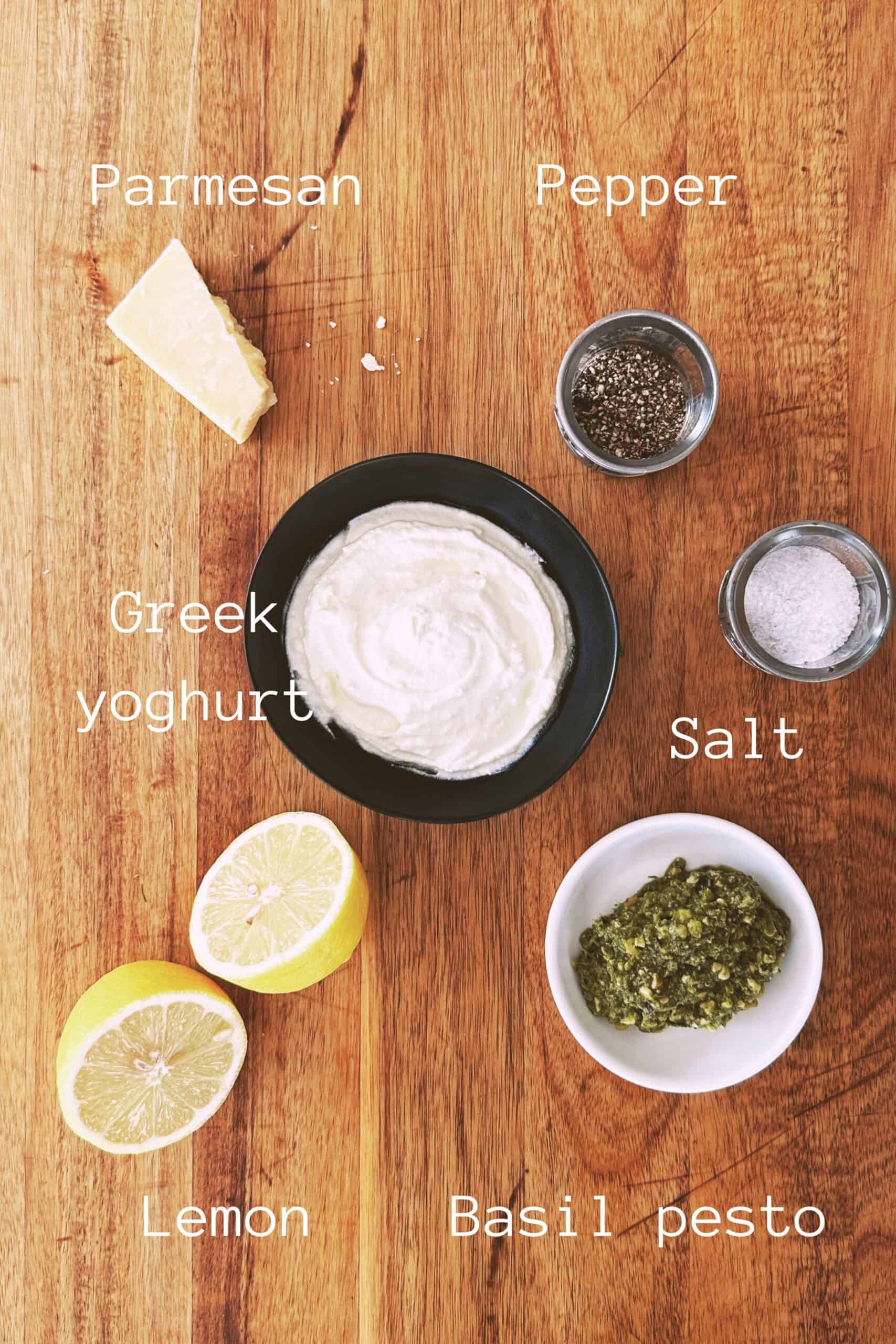 Greek yoghurt, basil pesto, lemon and Parmesan for creamy pesto dressing.