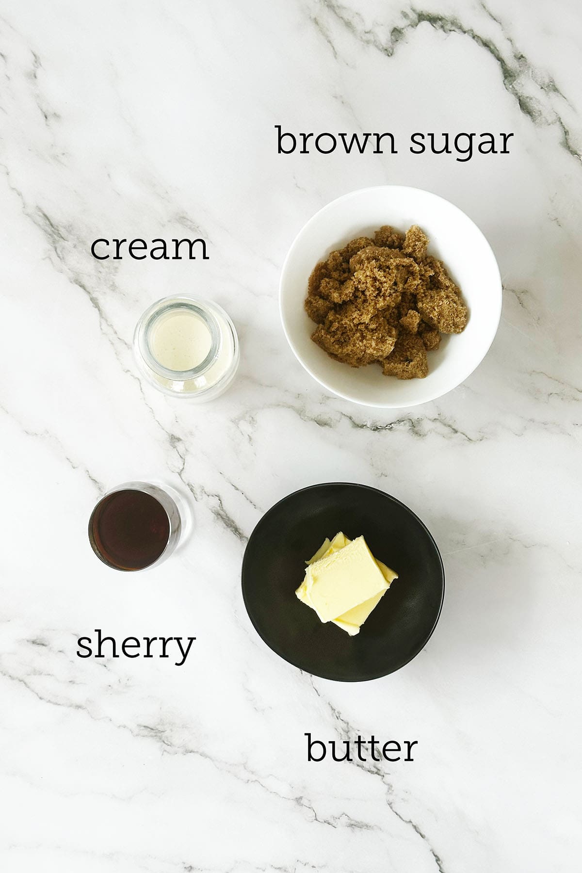 Malva pudding sauce ingredients with cream, butter, brown sugar and sherry measured