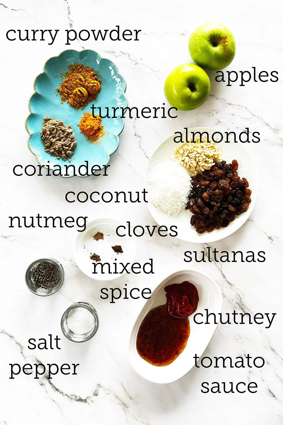 Bobotie flavour ingredients including spices, apples, almonds, sultanas, coconut, chutney and tomato sauce