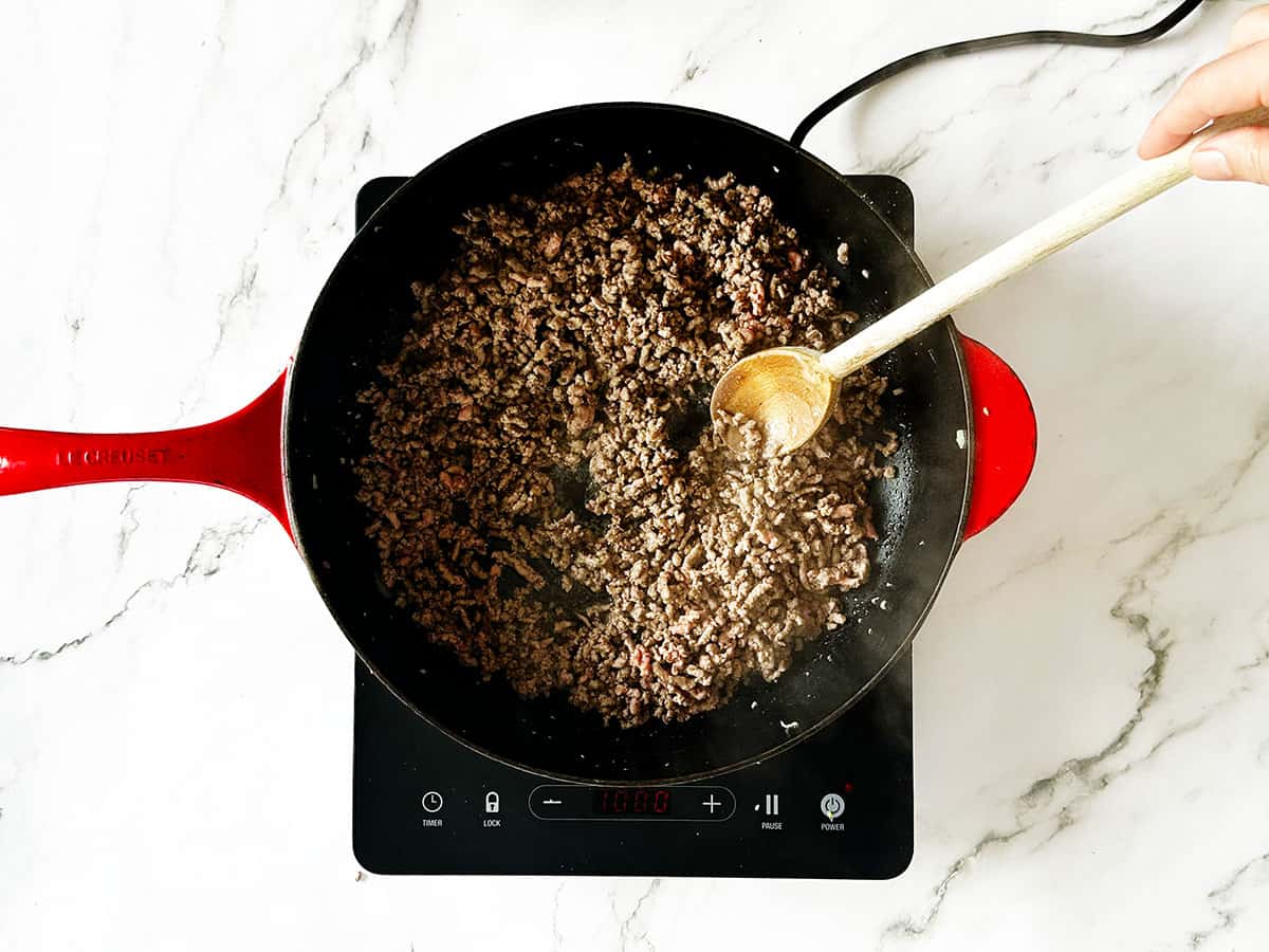 Mince browning in skillet until fully cooked and lightly caramelised