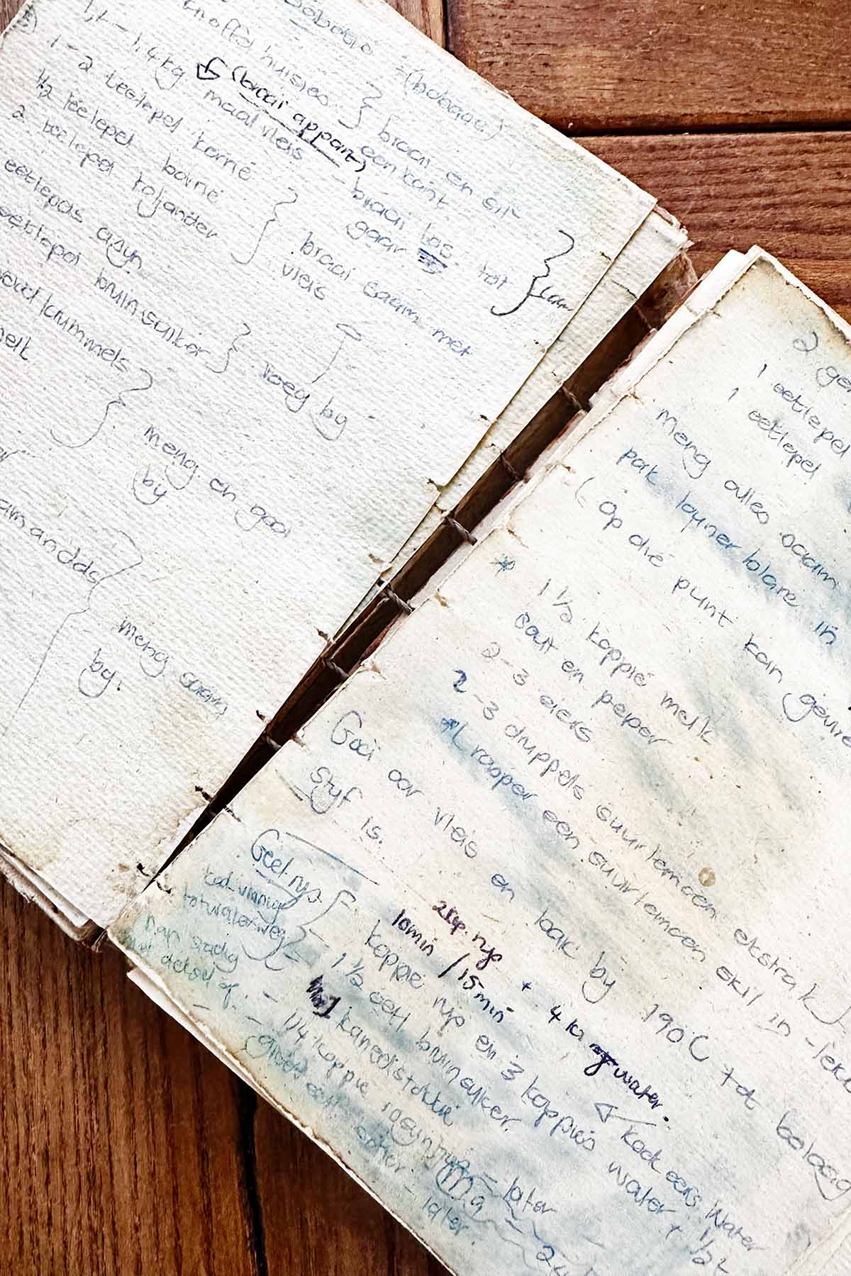 Worn vintage notebook with handwritten recipe notes on aged pages