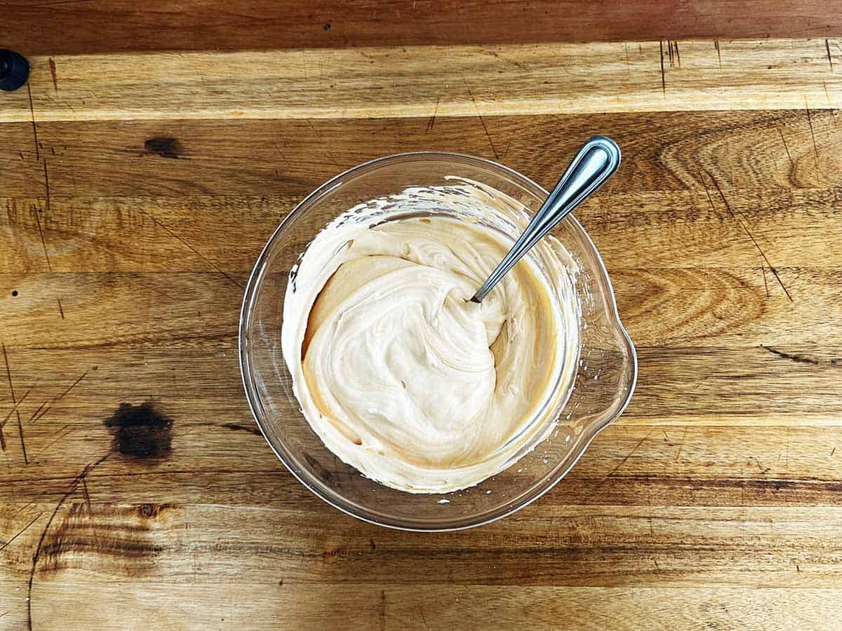 Caramel cream filling fully mixed for peppermint crisp tart