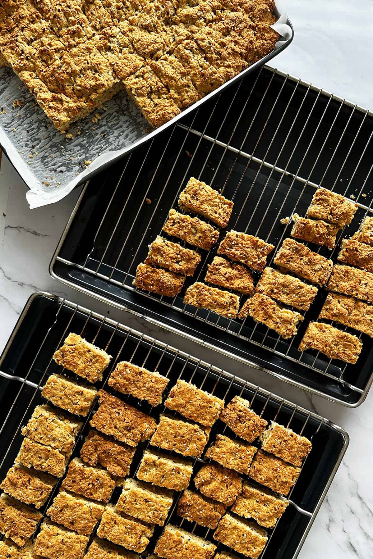 Seed rusks on multiple trays prepared for drying in oven