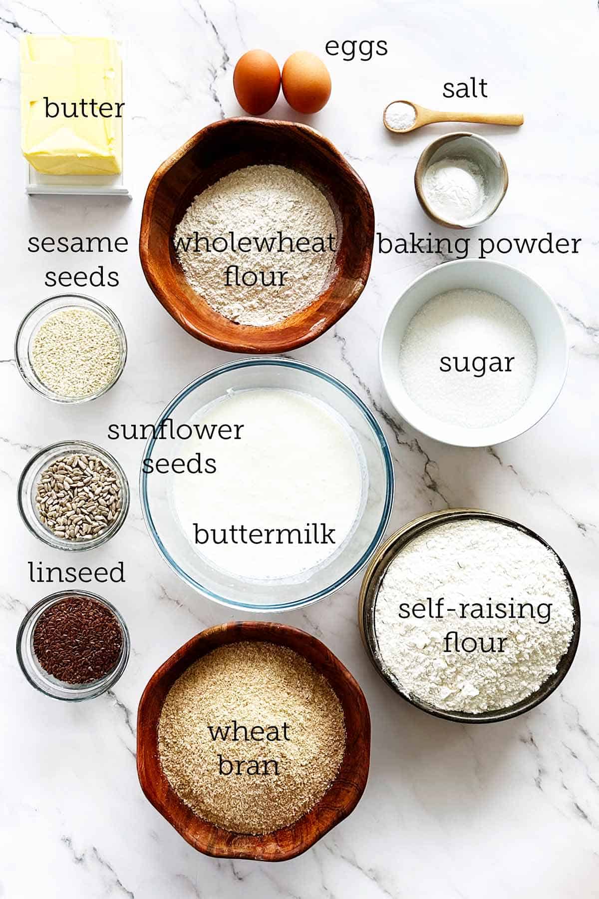 Seed rusks ingredients measured with flour, seeds, bran, sugar, wheat bran, salt etc