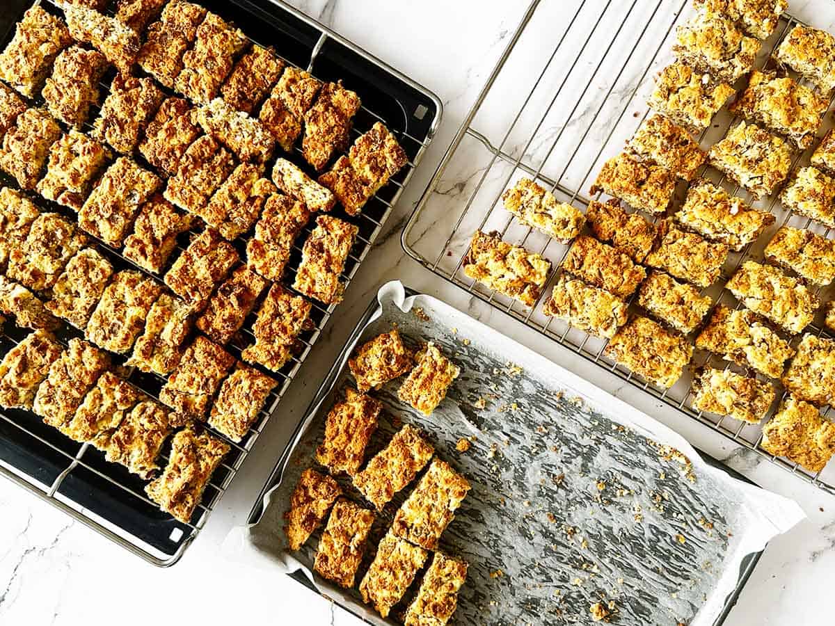 All bran rusks spaced out on an oven rack ready for the drying stage